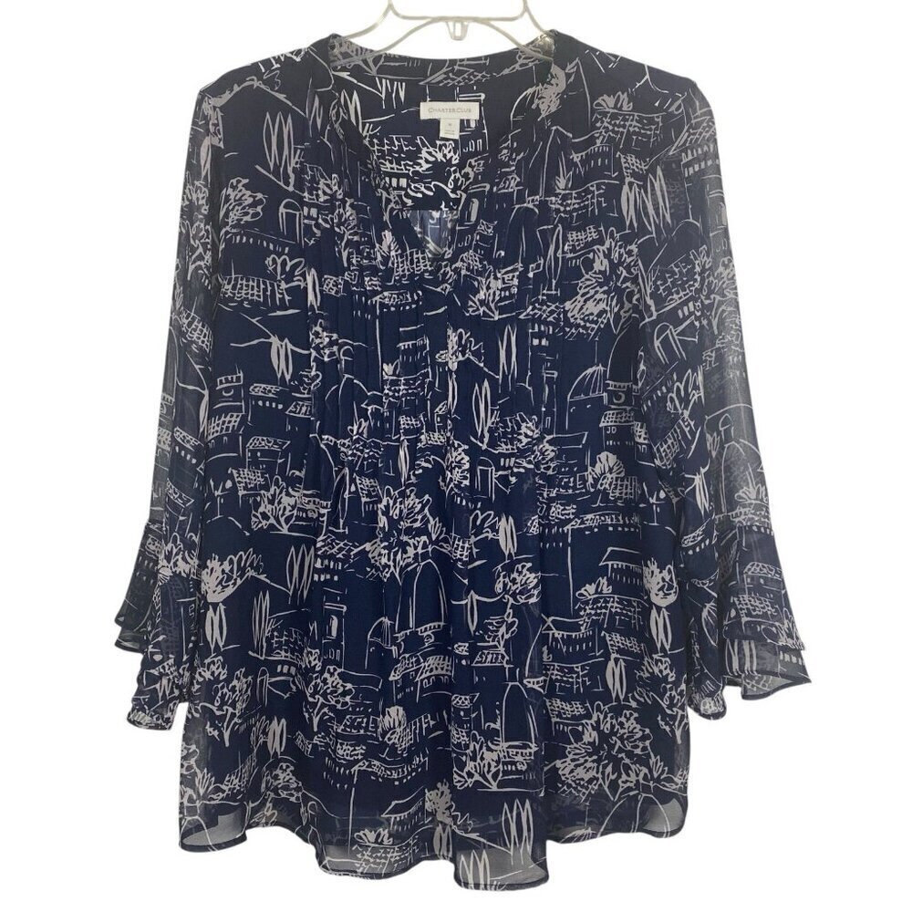 Charter Club Blouse Size Medium Blue White Print Boho Popover Pintuck Flutter
